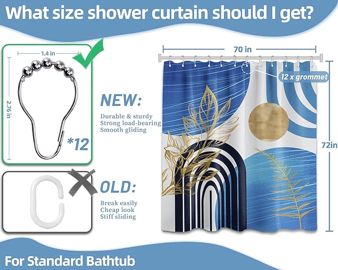 Light Blue and Black Shower Curtain Boho Mid Century Sky Blue and White Shower Curtains for Bathroom Decor, Waterproof Cloth Fabric with Hooks, 70" W x 72" L