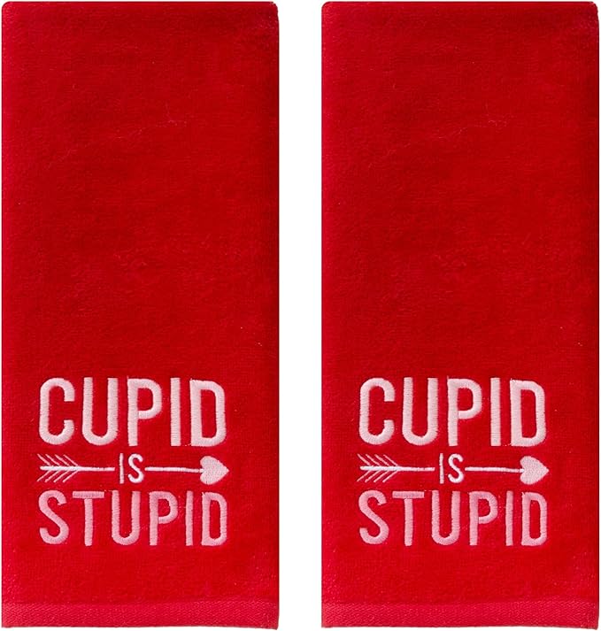 SKL Home Valentine's Day Cupid is Stupid 100% Cotton Embroidered 2pc Hand Towel Set, Decorative for Bath/Kitchen/Bar & Gift, Red