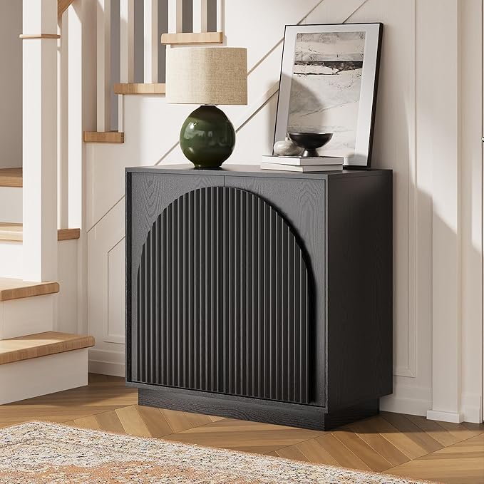 win2win Fluted Sideboard Buffet Cabinet with Storage, 31.5" Modern Accent Cabinet with Double-Layered Arch Doors, Small Wood Console Credenza for Living Room, Dining Room, Entryway, Black, 3PCS
