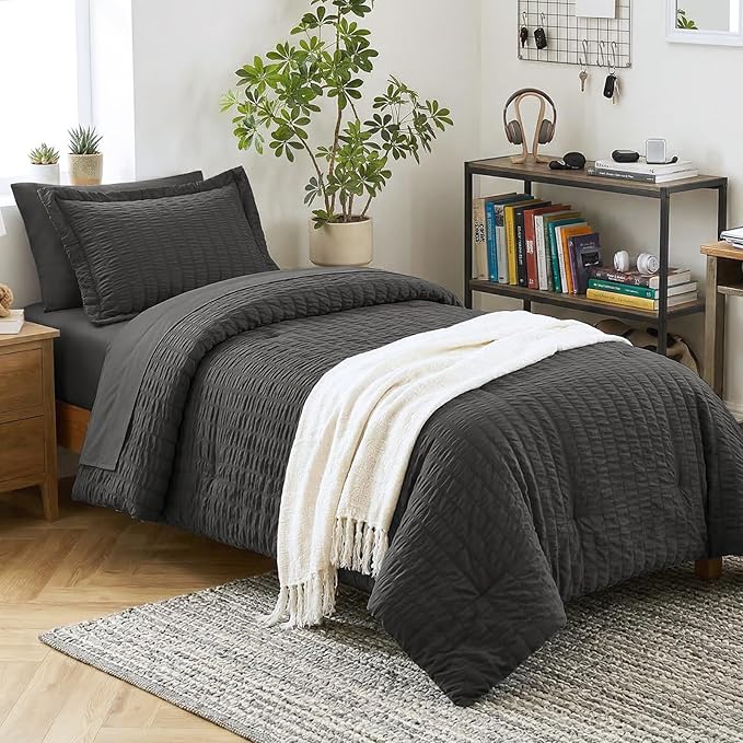 CozyLux Twin XL Comforter Set Dark Grey, 5 Pieces Seersucker Twin Extra Long Bed in a Bag, College Dorm Down Alternative Bedding Set with Comforter, Sheets, Pillowcase & Sham, Back to School Gift