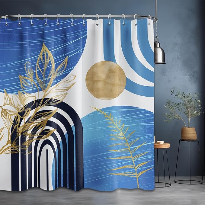 Light Blue and Black Shower Curtain Boho Mid Century Sky Blue and White Shower Curtains for Bathroom Decor, Waterproof Cloth Fabric with Hooks, 70" W x 72" L