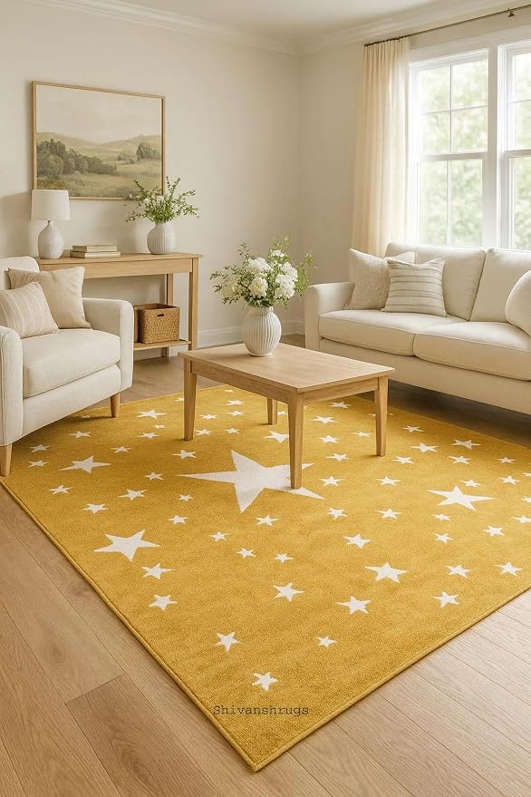 Shivanshrugś Hand-Tufted Wool Area Rug, Mustard Yellow with White Stars Pattern, Modern Celestial Design for Living Room Bedroom