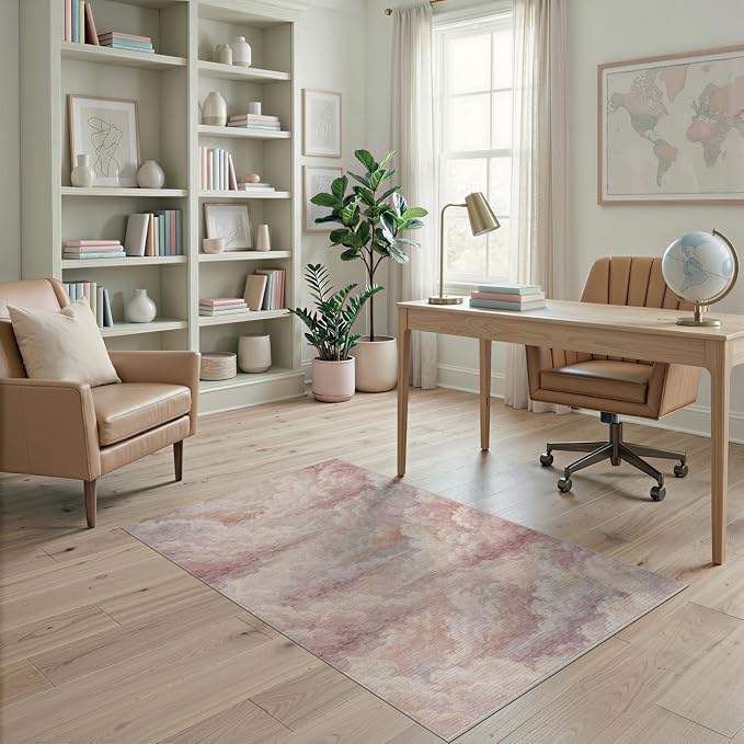 4'x6' Washable Abstract Abstract Accent Rug, Blush Pink Non-Shedding Small Carpet Pet Friendly & Kids Safe Play Mat for Playroom, Bedroom, Reading Nook | Ref:2208254