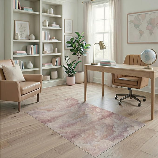 4'x6' Washable Abstract Abstract Accent Rug, Blush Pink Non-Shedding Small Carpet Pet Friendly & Kids Safe Play Mat for Playroom, Bedroom, Reading Nook | Ref:2208254