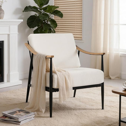 Modern Accent Chair for Living Room Bedroom Mid Century Arm Chair Upholstered Office Accent Chair Comfy Waiting Room Chair with Metal Frame, Cream White