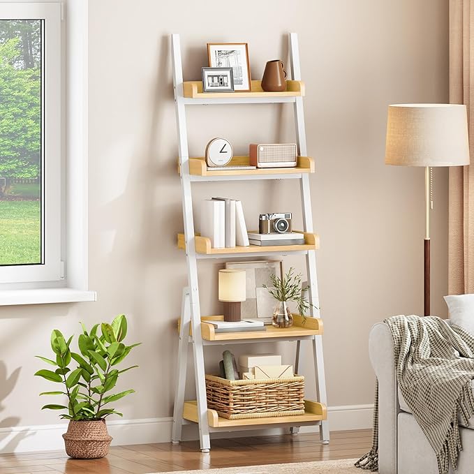 HOOBRO Small Bookcase, Ladder Shelf, 5-Tier Wall-Leaning Shelf, Freestanding Storage Rack, Display Stand, for Living Room, Home Office, Balcony, Bedroom, White and Natural WN151CJ01