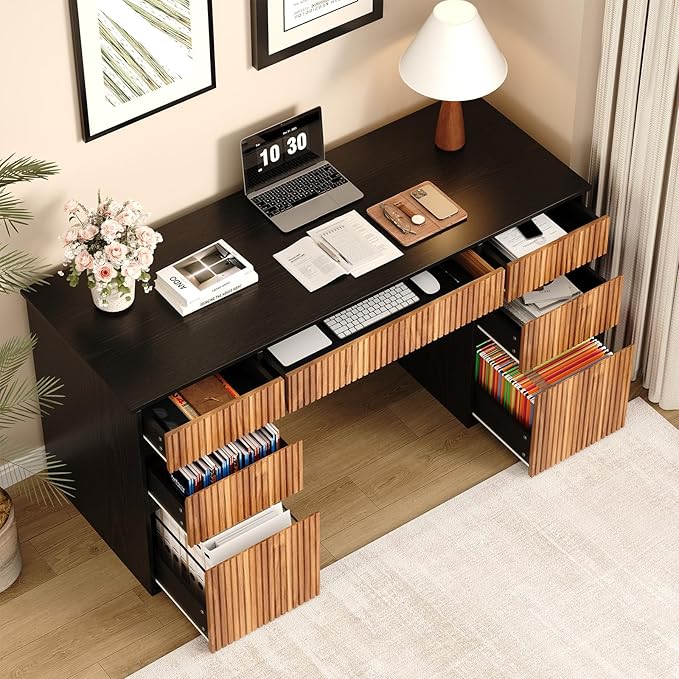 4 EVER WINNER Desk with Drawers, 58" Executive Office Desk with 7 Drawers, Computer Desk with File Drawers for Living Room, Home Office, Study Table for Bedroom, Black