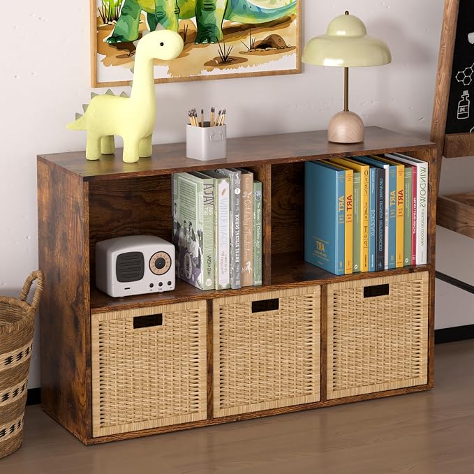 Wooden 5 Cube Storage Organizer with Closed Back Panel,White Cube Shelf Cubby Storage Organizers with Compartments for Living,Bookshelf,Organizers Easy to Install (Retro Brown, 5 Cube)
