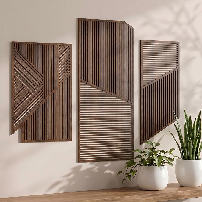 Yerliker 3 Pcs Mid Century Modern Wood Wall Art Decorations 3D Geometric Abstract Wall Sculpture for Living Room Bedroom Office Minimalist Aesthetic(Medieval,15.75 x 15.75 x 1.97 Inch)