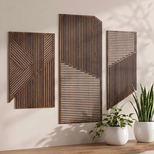 Yerliker 3 Pcs Mid Century Modern Wood Wall Art Decorations 3D Geometric Abstract Wall Sculpture for Living Room Bedroom Office Minimalist Aesthetic(Medieval,15.75 x 15.75 x 1.97 Inch)