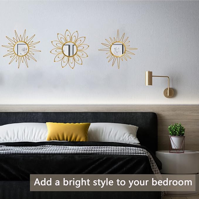 Mirror Wall Decor Gold Mirrors for Wall Metal Sunburst Mirrors Home Decoration Wall Art Decorative Mirror Suitable for Living Room Bedroom Entrance Set of 3