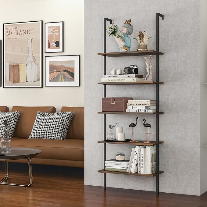Giantex 5 Tier Modern Wall Mounted Bookshelf Rustic Brown, 71" Industrial Wood Bookcase with Steel Frame, Stand Display Storage Rack Organizer Ladder Shelf for Living Room, Kitchen