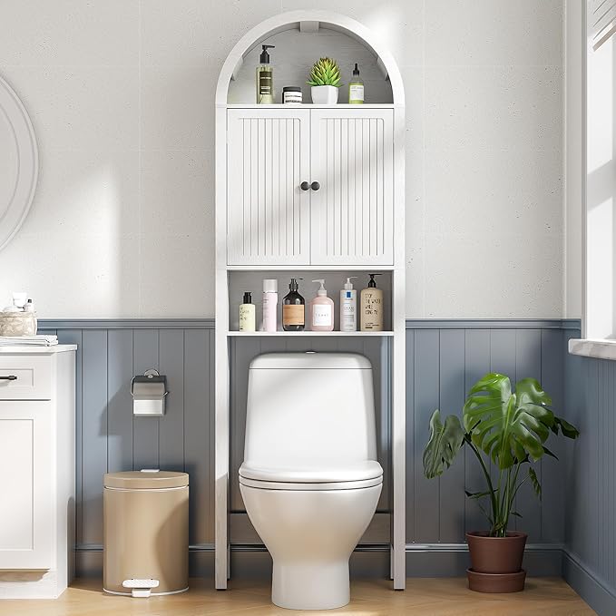 White Over The Toilet Storage Cabinet with Fluted Doors, Arched Bathroom Cabinet with Adjustable Shelf, 4 Tier Small Bathroom Shelf Organizer, Narrow Slim Toilet Rack, Wood, Anti-Tipping Device