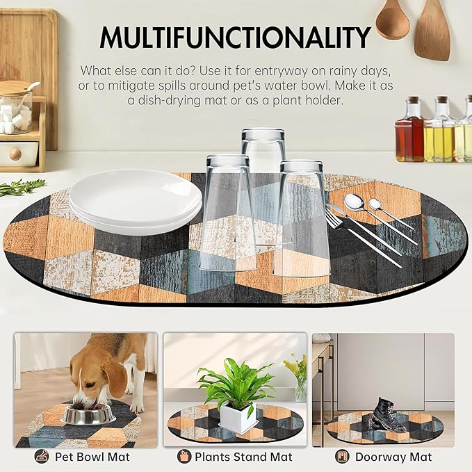 Bathroom Rug Mat Colorful Weathered Hexagonal Wood Oval Bath Mat Doormat Absorbent Quick Dry Non Slip Diatom Mud Mat for Shower Tub Sink Laundry Kitchen Doorway 23.6x15.7 Inches