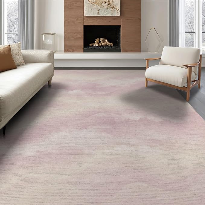 8'x10' Washable Ombre Wave Large Rug, White Non-Shedding Pet Friendly Carpet for King Size Bedroom, Master Suite, Under Bed, Foldable Easy Care Mat | Ref:2208257