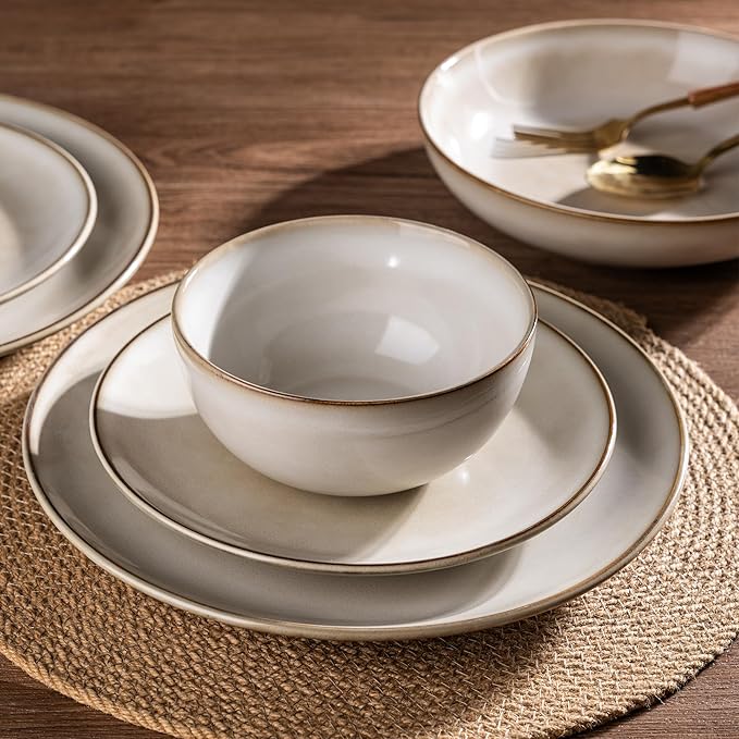 AmorArc Ceramic Dinnerware Sets for 4, 12 Pieces Handpainted Stoneware Plates and Bowls Set, Scratch Resistant Dishes Set, Dishwasher & Microwave Safe, Cappuccino