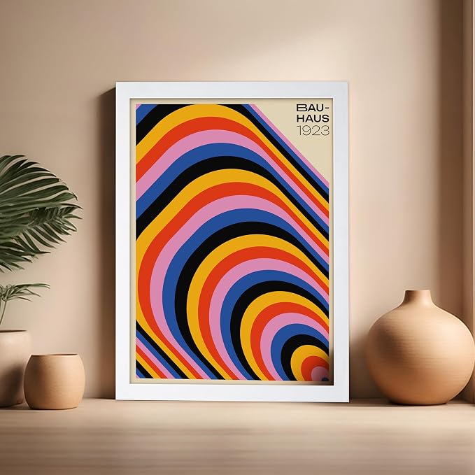 Poster Master Bauhaus Poster - Psychedelic Stripes Print - Abstract Art - Geometric Art - Graphic Design Art - Chic Boho Art - Mid Century Modern Art - Living Room Wall Decor - 16x20 White Framed