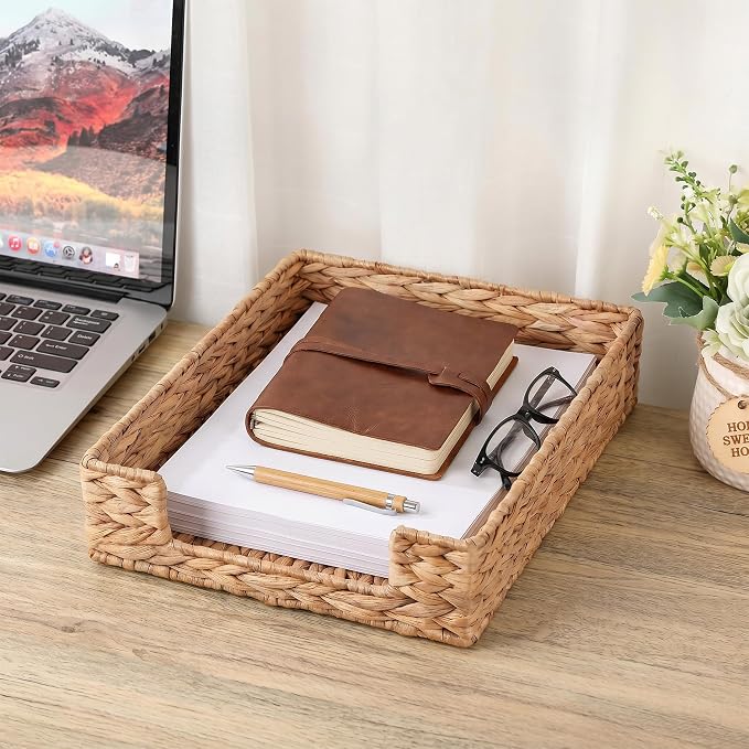 Letter Tray Water Hyacinth,Wicker Desk Organizer for Office Supplies, Mail, A4 Paper File, Magazine,Jewelry Cosmetics, Paper Holder Storage Basket for Office, School, and Workspace