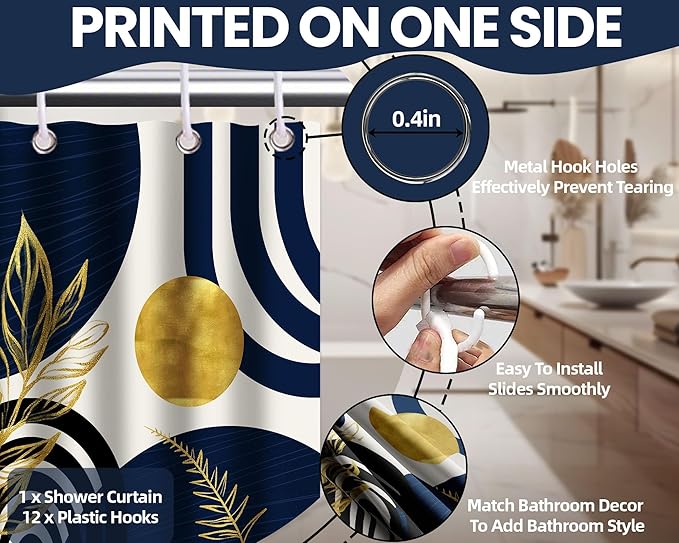 Mid Century Modern Navy Blue Shower Curtain Boho Dark Blue and Gold Leaves Shower Curtains for Mens Bathroom Decor Sets, Waterproof Cloth Fabric with Hooks, 48x72in