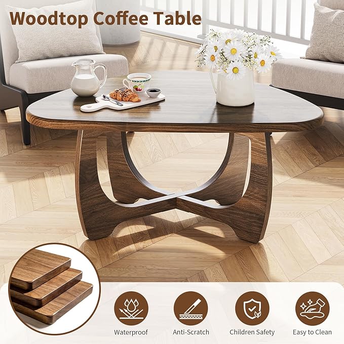 Coffee Table for Living Room - Mid Century Modern Coffee Tables with Triangle Top, Unique Small Round Coffee Table, Wood Oval Tea Table with Solid Legs for Bedroom, 35.8"x 22.5" x 16.2" Walnut