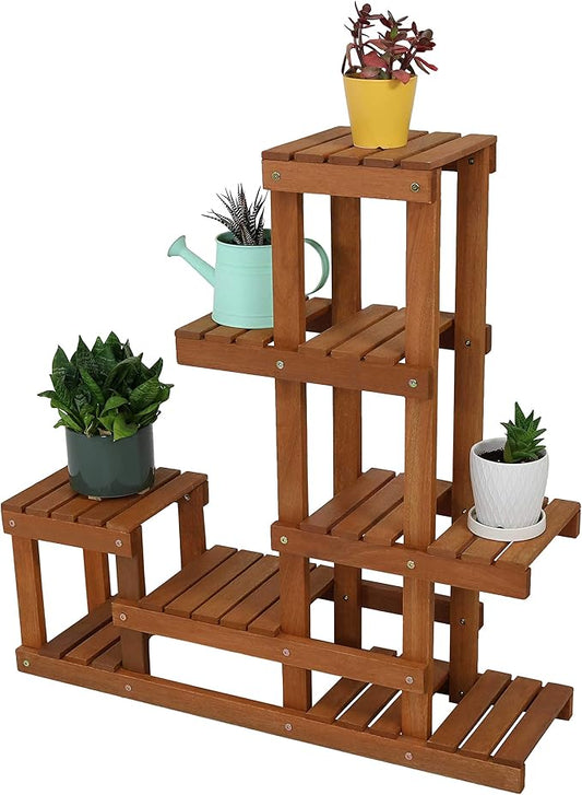 Sunnydaze 36-Inch Meranti Wood Indoor/Outdoor Multi-Tiered Plant Stand with Teak Oil Finish