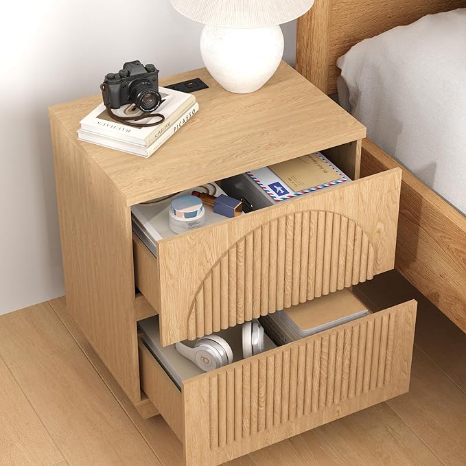 Nightstand with Drawers, 2-Drawer Arched Fluted Nightstand with Charging Station, Wooden Night Stand with Storage,Modern Furniture for Bedroom Organization