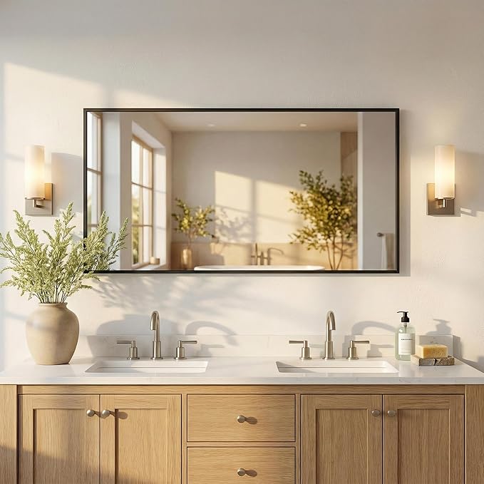 60"x30" Black Landscape Bathroom Mirror for 60-72 inch Double Vanity, Shatterproof Tempered Glass, Narrow Metal Frame, Ultra-Flush