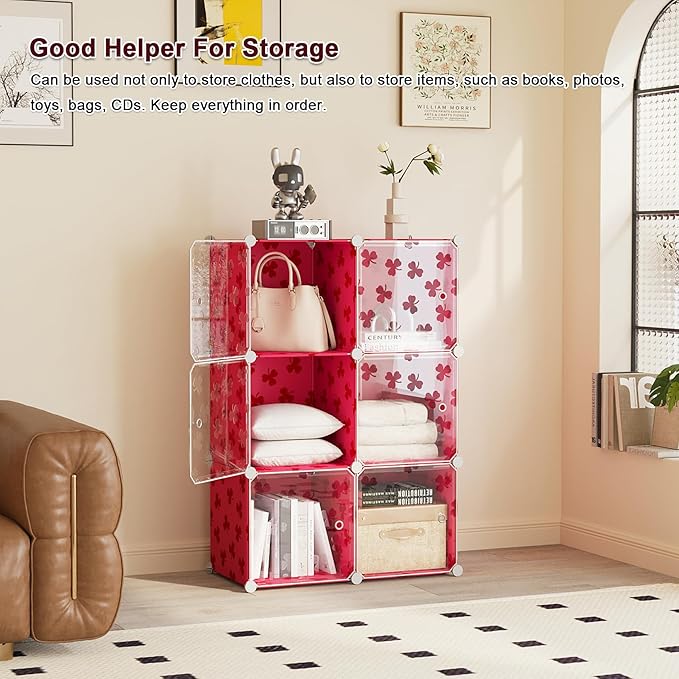 C&AHOME Cube Storage Organizer with Doors, 6-Cube Shelves, DIY Plastic Modular Bookshelf, Closet Clothes Storage Shelving Ideal for Bedroom, Living Room, Clover Embossed, Red