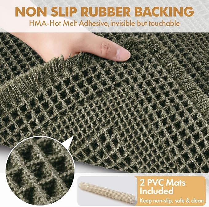 MIULEE Set of 2 Waffle Bathroom Rugs, Boho Bath Rug Super Absorbent, Non Slip Washable Ultra Soft Rubber Backed Shower Bath Mats for Floor, Tub, Shower, Looped Design, Green, 17"x24"+18"x30"