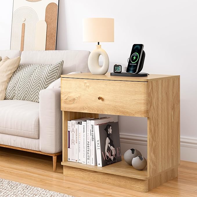Narrow Nightstand Set of 2, Wooden Small 2 Drawer Nightstand, Slim Side End Table, Skinny Bedside Table, Mid Century Modern Night Stand with Drawers, for Living Room (Natural-Charging Station-1 pc)