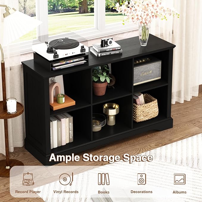 6 Cube Storage Organizer - 47.4" Farmhouse Wood Low Bookshelf, 3 Tier Horizontal Open Shelf Bookcase Cubby Storage Console Cabinet for Living Room, Entryway, Office, Black