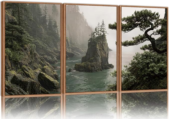 Rantodecor Coastal Forest Framed Canvas Wall Art, Pacific Northwest Coast landscape Wall Decor, Nature PNW Mountain Sea Art Paintings, Sage Green Pine Artwork for Bedroom Living Room Office 16"x24"x3