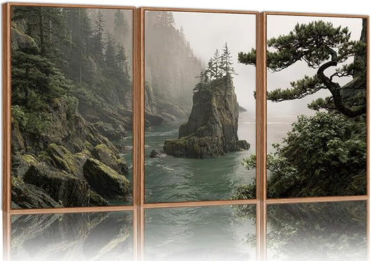 Rantodecor Coastal Forest Framed Canvas Wall Art, Pacific Northwest Coast landscape Wall Decor, Nature PNW Mountain Sea Art Paintings, Sage Green Pine Artwork for Bedroom Living Room Office 16"x24"x3