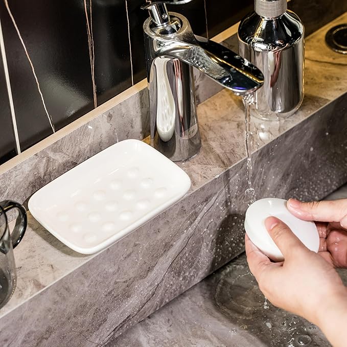 Soap Dish, Ceramic Soap Holder Shower Soap Dish for Bar Soap Sponge, Soap Saver Tray for Bathroom Kitchen Sink, White (Pack of 2)