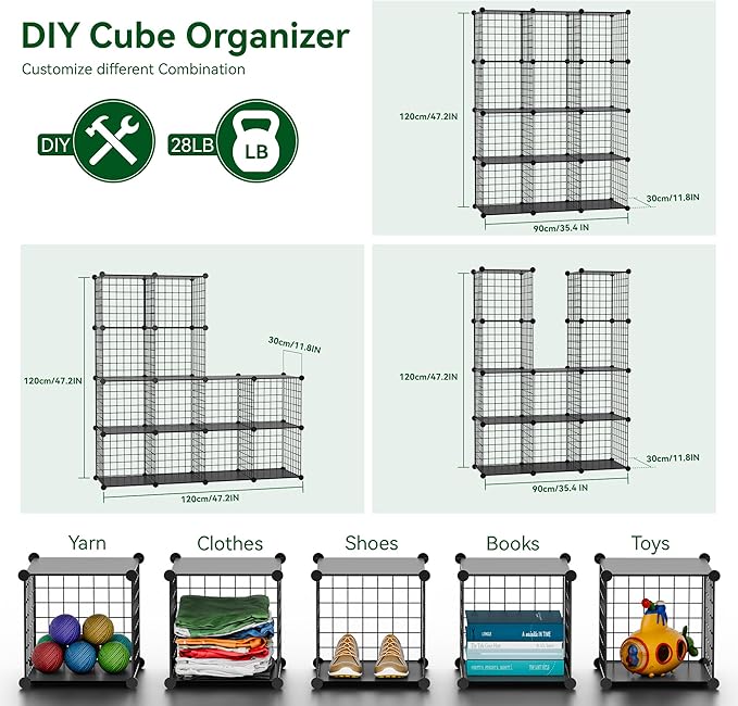 Wire Cube Storage Organizer, 12-Cube Metal Storage Shelves Bookshelf, Stackable Modular Closet Organizer for Bedroom Living Room, Office,Storage Shelves