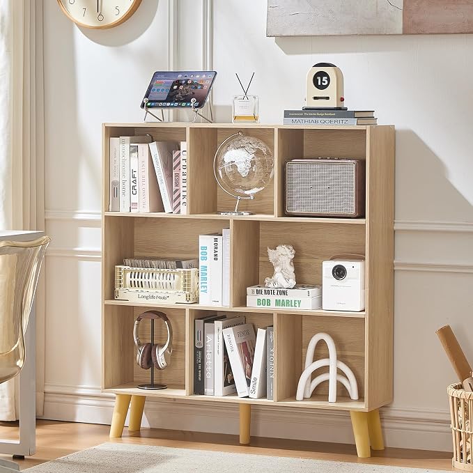 LEYAOYAO 8 Cube Bookshelf,3 Tier Bookcase with Legs,Light Wood Mid-Century Modern Bookshelves,Large Open Storage Organizer Shelf, Wooden Book Case