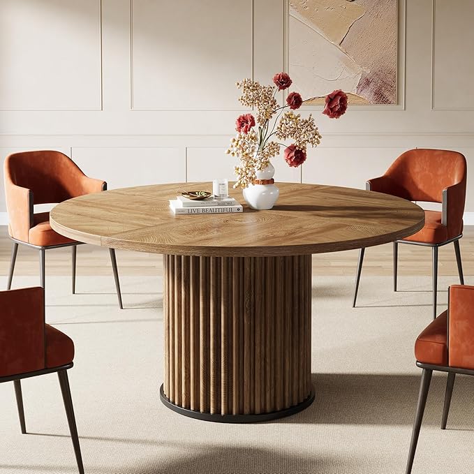 Tribesigns 47.24-Inch Brown Round Dining Table for 4-6 People, Modern Fluted MDF + Metal Base Kitchen Table, Sturdy Circle Dining Room Furniture, Brown