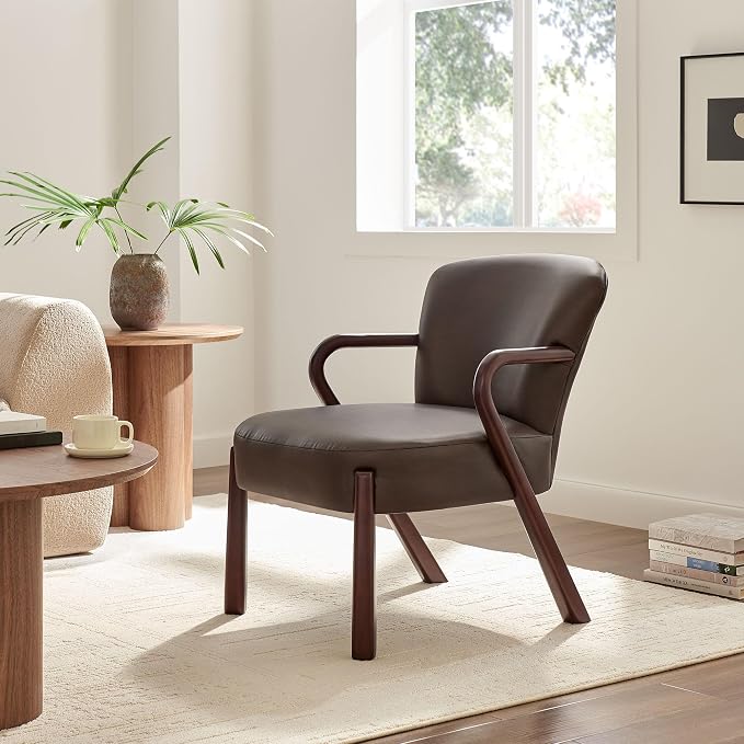 Modway Arden Faux Leather Upholstered Accent Armchair in Espresso – Mid-Century Modern Lounge Chair with Curved Wood Frame