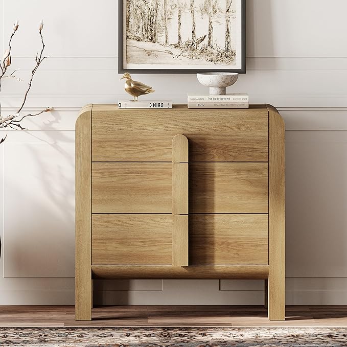 WAMPAT Sideboard Buffet Cabinet with Storage with 3 Drawers,Modern French 31.5" W Buffet Cabinet with Storage,Wood Coffee Bar Cabinets with Curved Edge Design for Kitchen Living Room, Walnut