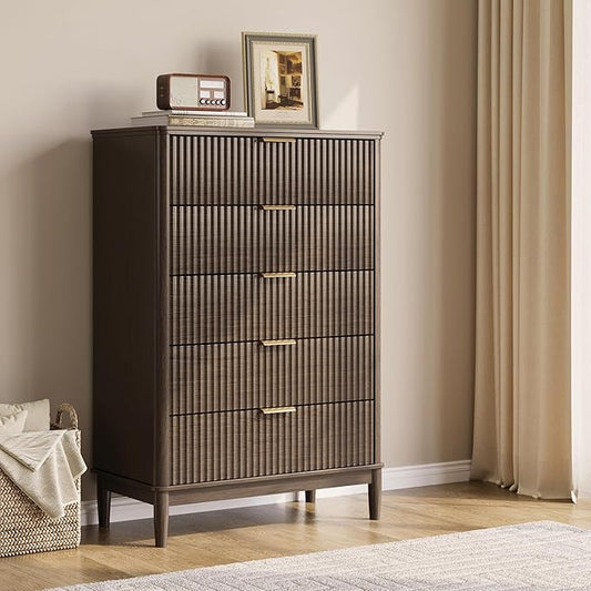 LINSY Fluted 5 Drawer Dresser for Bedroom, 46" Tall Mid-Century Modern Chest of Drawers, Deep Storage Dresser with Curved Corner Design, Large Accent Wood Cabinet for Bedroom, Walnut