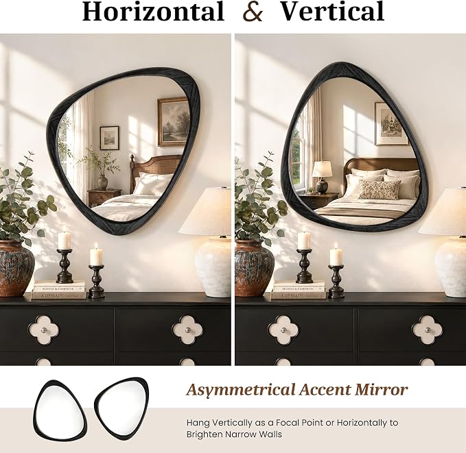 Asymmetrical Mirror, 24"x19" Unique Irregular Wall Mirror, Wood Mid Century Modern Mirror Decor for Bathroom Bedroom Living Room Entryway Hallway (Black)