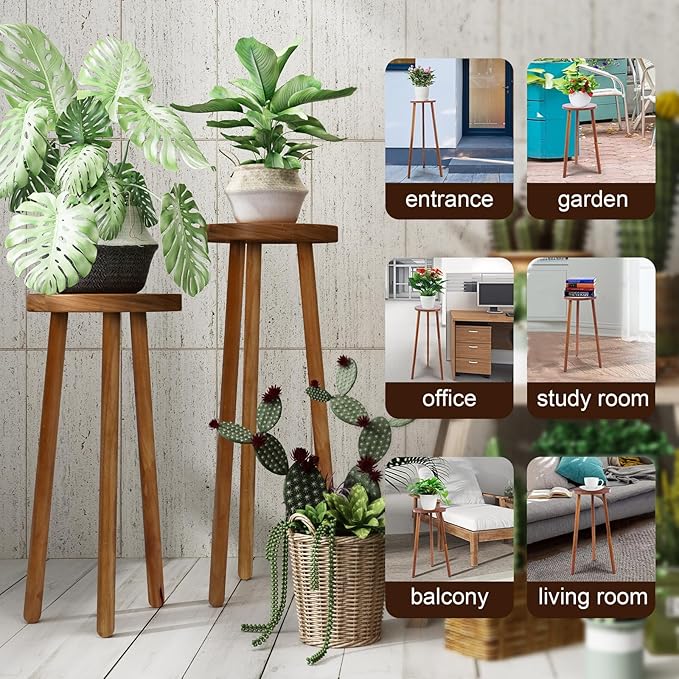11.8" Round 30" Tall Wood Plant Stand | Teak Wood Accent Stool | Accent Table |Side Table