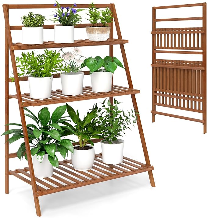 Giantex Folding Bamboo Plant Stand, 3-Tier Flower Pot Rack Display Shelf, Foldable Plants Holder Organizer Storage Shelving for Patio Garden Balcony Home Indoor Outdoor (Brown)