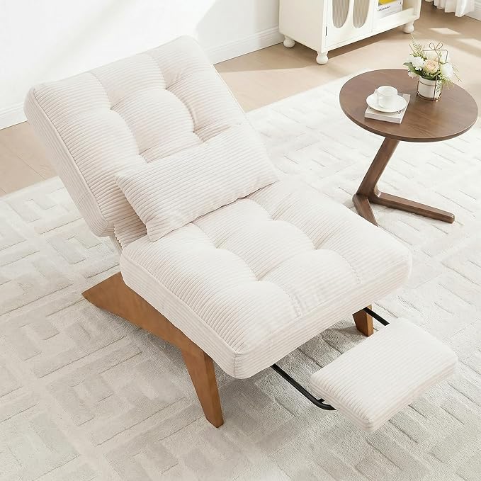 Accent Chair with Ottoman Adjustable Backrest, Stripe Living Room Chair Indoor Lounge Chair with Build-in Footrest Set, Modern Chair Cozy Reclining Chair for Reading Room, White