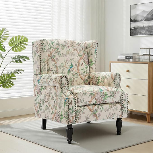 Wingback Chair, High Back Floral Accent Chair in Fabric, Comfy Upholstered Armchair with Nailhead Trim for Living Room, Single Sofa Reading Chair for Small Spaces, Bedroom-Bird