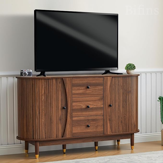 55inch Sideboard Buffet Cabinet with Drawer,Oval Curved Sideboard with Tambour Sliding Door,Walnut Buffet Storage Cabinet for Dining Room Living Room Entryway