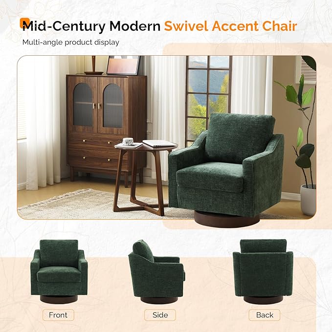VINGLI Mid-Century Modern Swivel Accent Chairs Set of 2, 360°Upholstered Armchairs, Home Sofa with Track Arms for Living Room, Bedroom, Reading Room, Club Swivel Chairs, Chenille Green