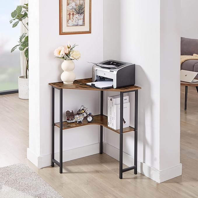 VECELO Small Corner Computer Desk 33 x 23 inches with Storage Shelves for Small Spaces,Triangular Shape,Brown