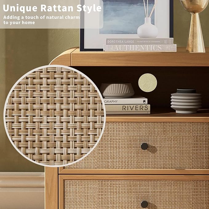 Oak&Sparrow Rattan Nightstand, 23.6'' Rattan End Table with Ample Storage, Boho Nightstand with Charging Station, Thickened Curved Profile Design, Oak Nightstands for Living Room, Bedroom
