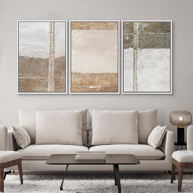 SIGNWIN Framed Canvas Print Wall Art Set Grunge Gray Brown Pastel Landscape Abstract Shapes Illustrations Modern Art Geometric Zen Mid-Century for Living Room, Bedroom, Office - 24"x36"x3 White